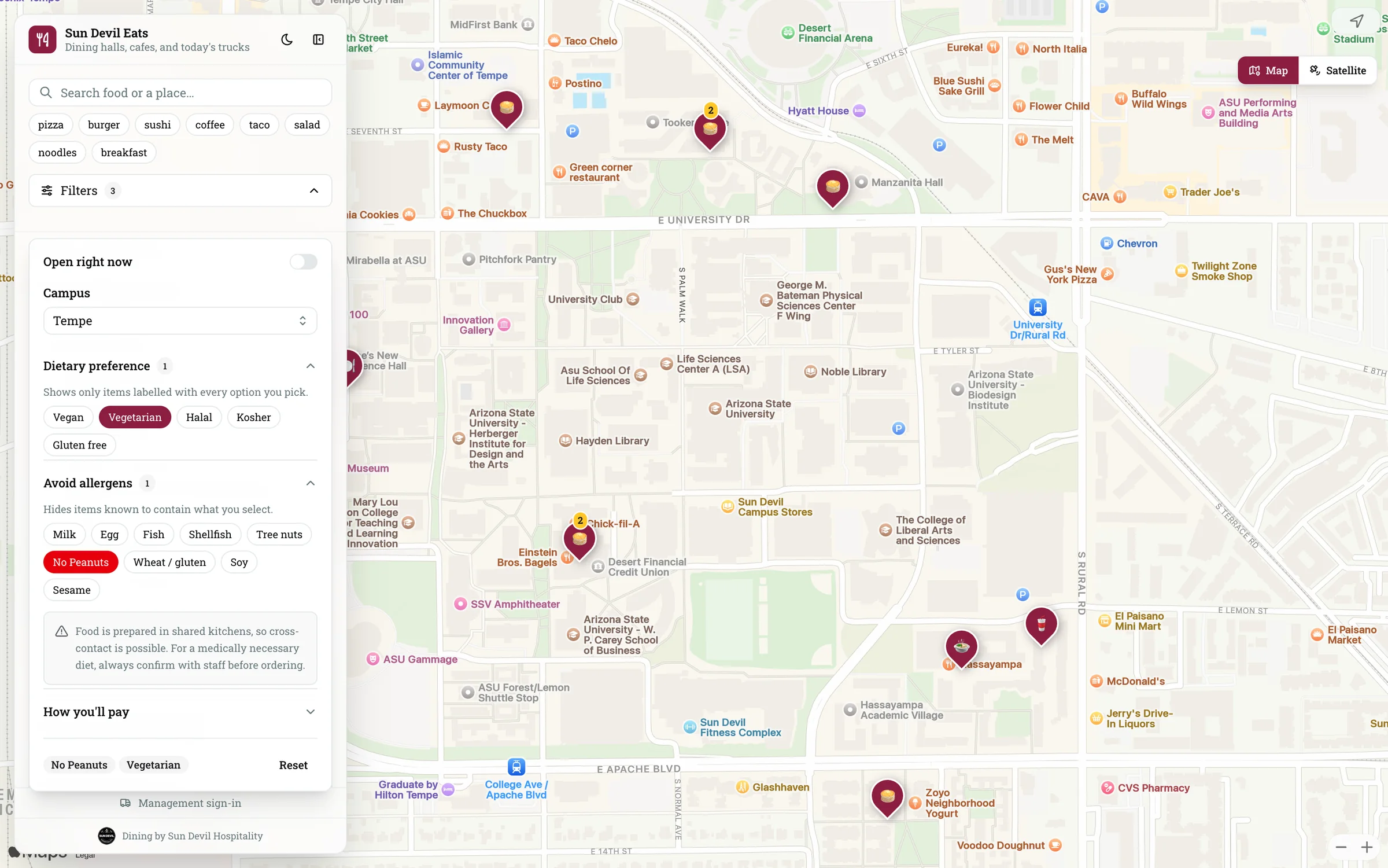 The filters panel with Vegetarian selected and Peanuts excluded; the map shows only the places that still match.