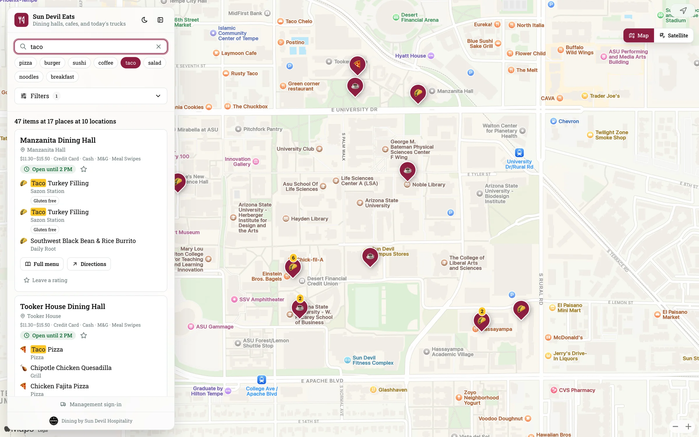 Searching "taco": Manzanita Dining Hall, open until 2 PM, with matching dishes highlighted in gold.