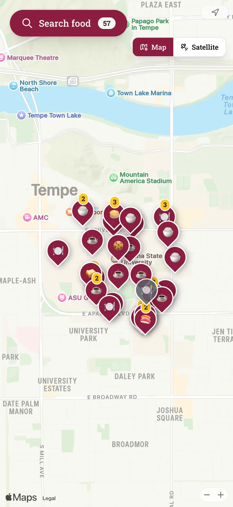The Tempe campus on a phone in Apple Maps, covered in maroon dining pins.